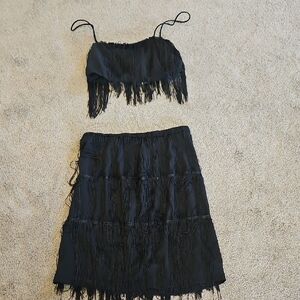 Black Fringe Crop Top and Skirt Set